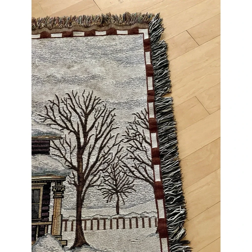 Vintage Winter Christmas Tapestry Blanket Throw Snow Victorian House Snowman Kid